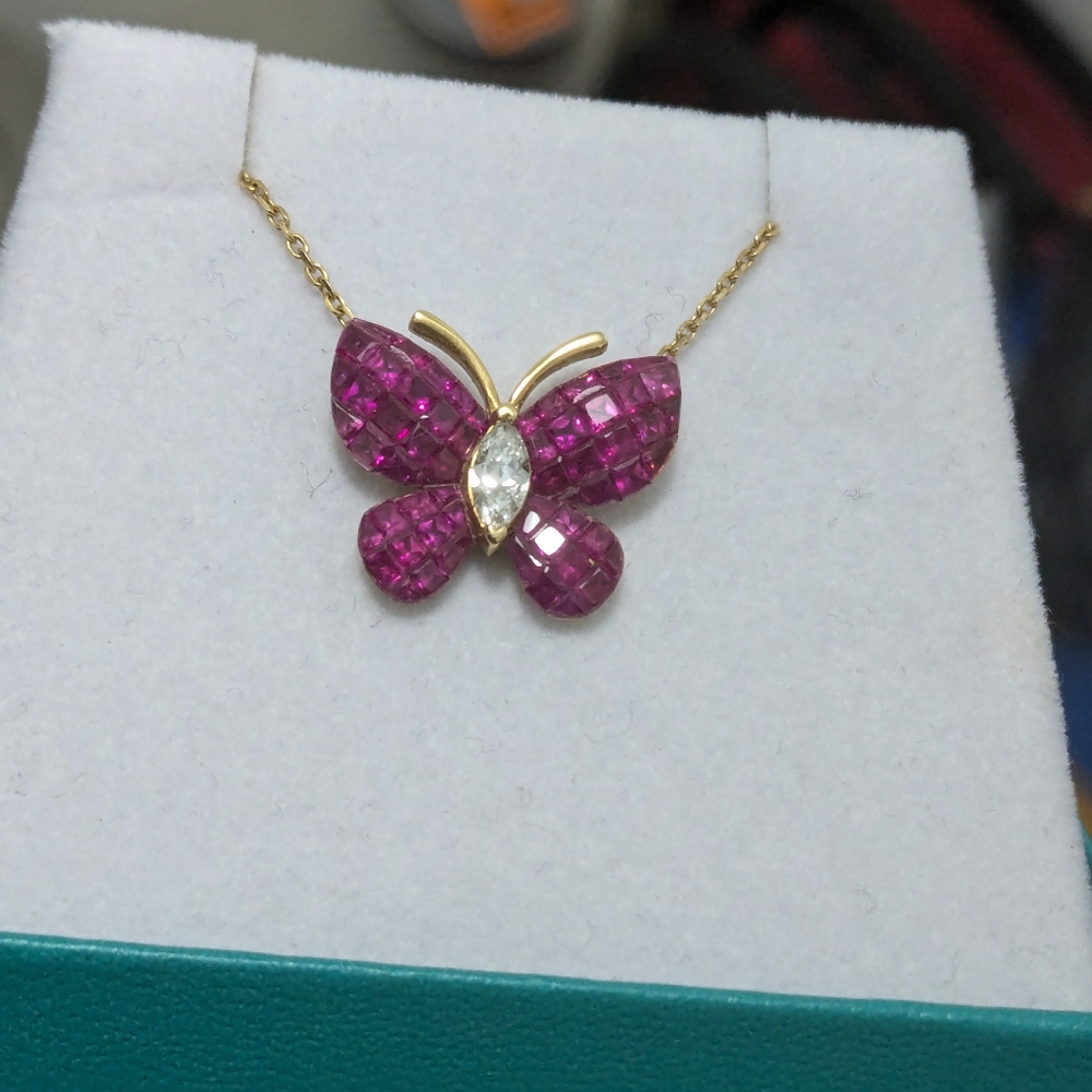 750/18K YG Invisible set Rubies and Diamond Butterfly Necklace - Picture 10 of 16